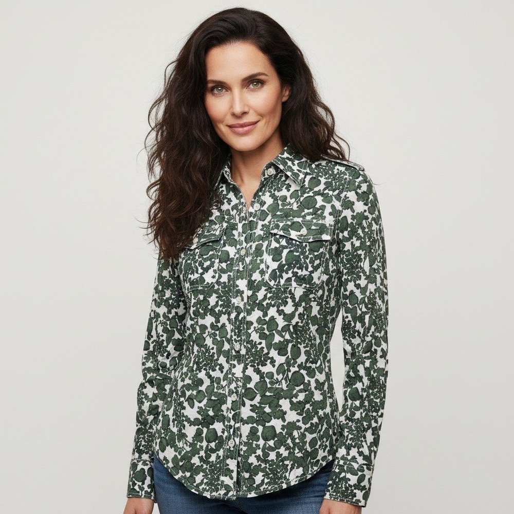 Tory Burch Green White Botanical Leaf Print Cotton Utility Button Down Shirt 4